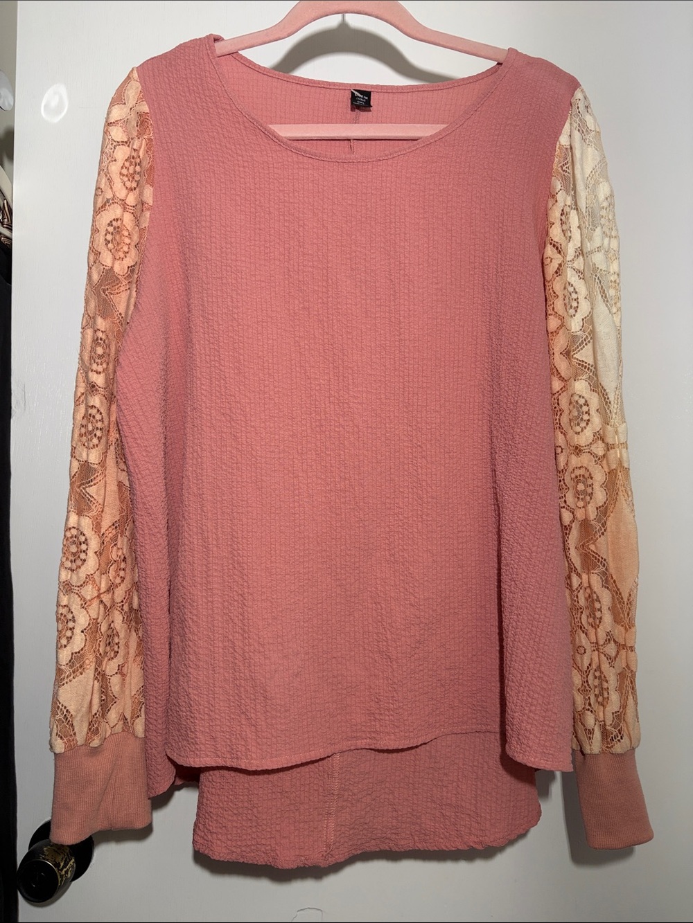 SHEIN Rose Pink Lace-Sleeve Tunic Top